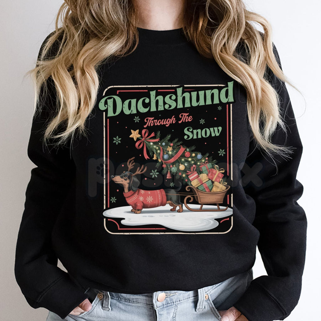 Dachshund Through The Snow Sweatshirt | Cute Dog Pun Christmas Crewneck | Wiener Dog Holiday Jumper | Festive Pet Lover Gift