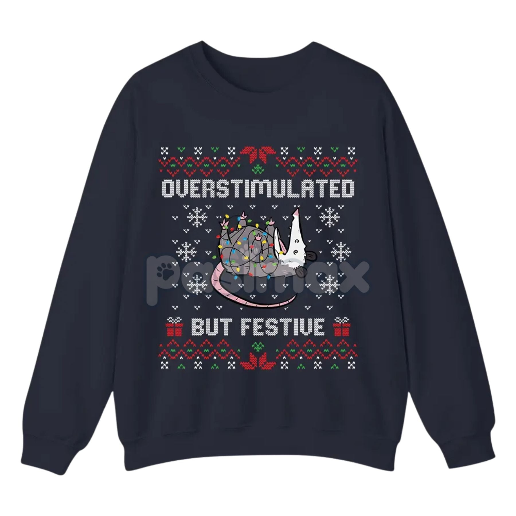 Funny Opossum Christmas Sweatshirt – "Overstimulated But Festive" Ugly Holiday Top