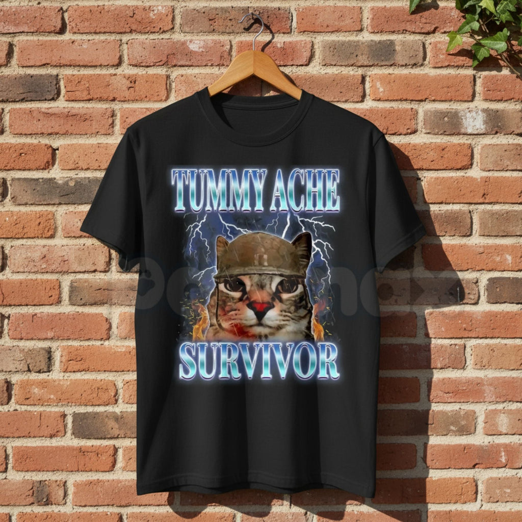 Funny "Tummy Ache Survivor" Cat Meme T-Shirt – Sarcastic Graphic Humor Tee, Premium 100% Cotton Relatable Animal Top, Soft Lived-In Heavyweight Dramatic Cat Shirt, Made in USA