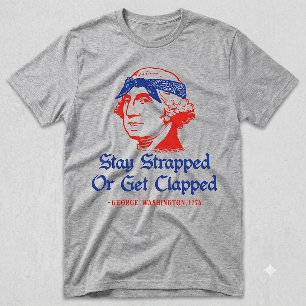"Stay Strapped or Get Clapped" Funny George Washington T-Shirt – Retro 4th of July Independence Day Unisex Graphic Tee