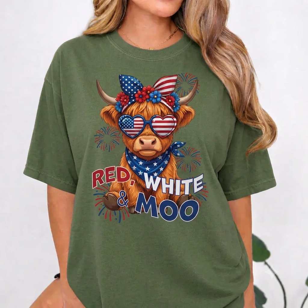 "Red White & Moo" Highland Cow T-Shirt – Funny 4th of July Patriotic Farmhouse Unisex Graphic Tee