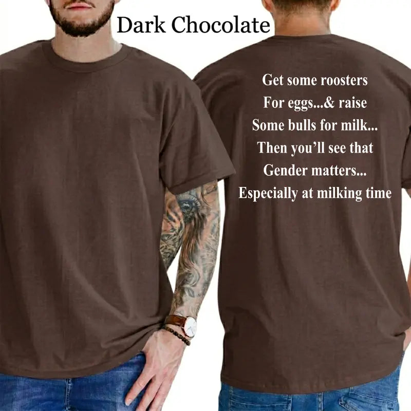 "Get Roosters and Bull to See Gender" Funny T-Shirt – Sarcastic Farmyard Humor Men's Unisex Graphic Tee