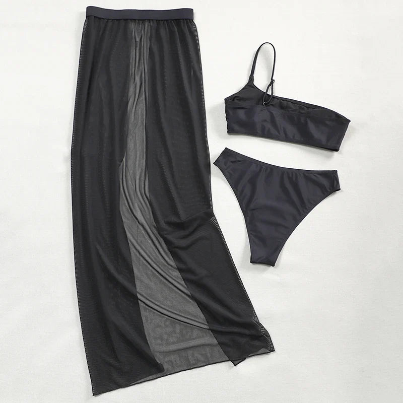 New One shoulder Bikini 2025 Female Swimsuit Women Swimwear Three-pieces Bikini set Mesh Long Skirt Beach wear Bathing Suit Swim