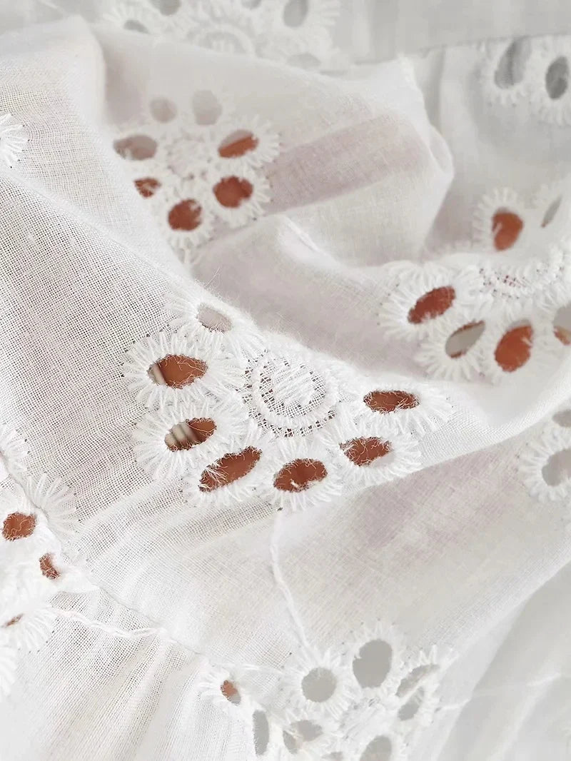 Foridol White Lace Sleeveless Summer Dress Women Hollow Out Embriodery Sundress Casual Button Beach Boho Vintage Short Dress