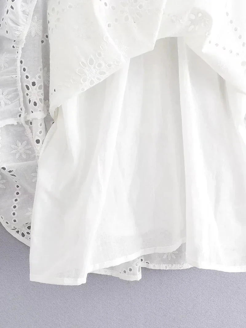 Foridol Waist Hollow Out V Neck Backless White Lace Party Dress Christmas Vestido Robe Ruffled Cotton Long Sleeve Autumn Dress
