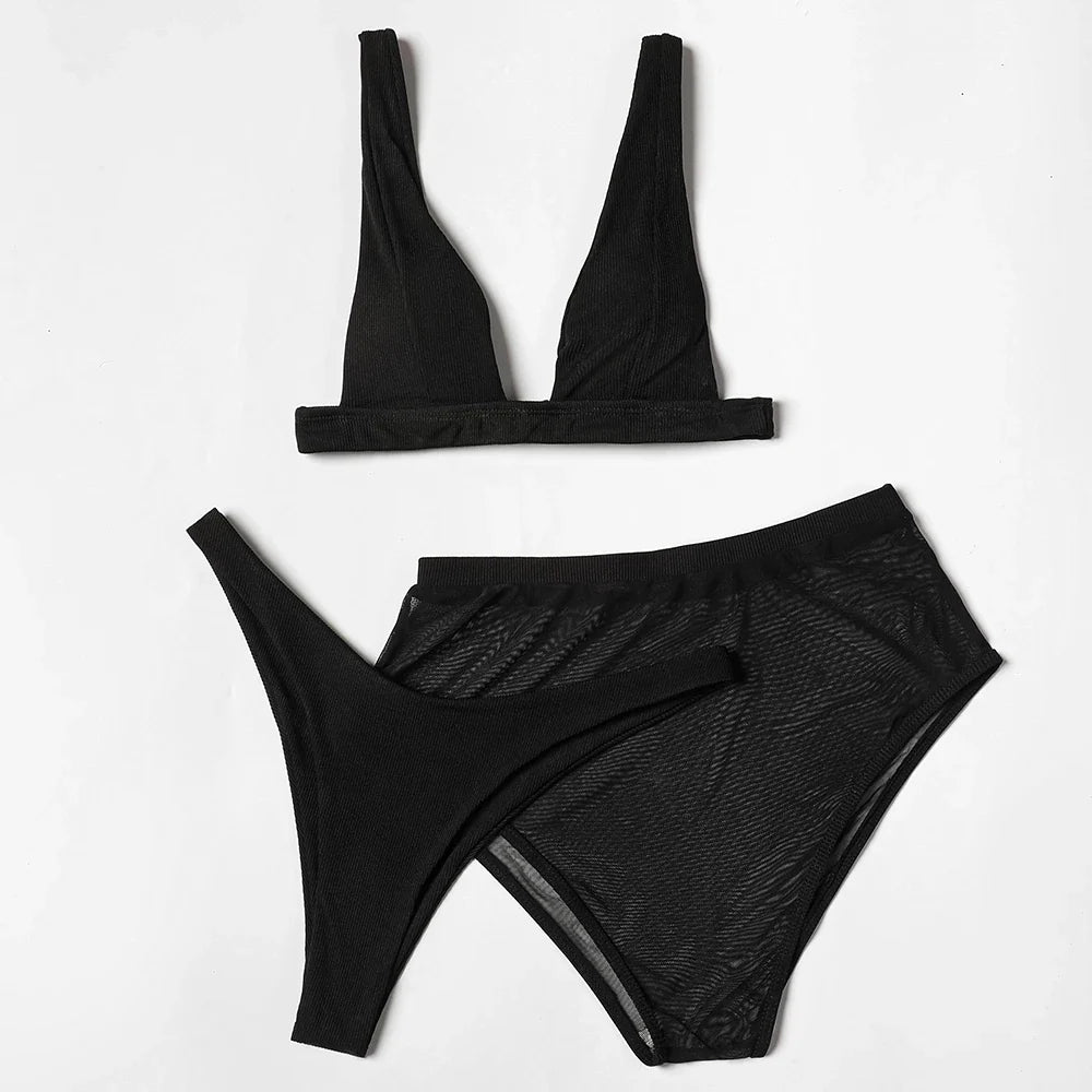 ZTVitality Black Ribbed Three Pieces Bikini 2025 New Padded High Cut Mesh Swimsuit Female Swimwear Women Beach Brazilian Biquini