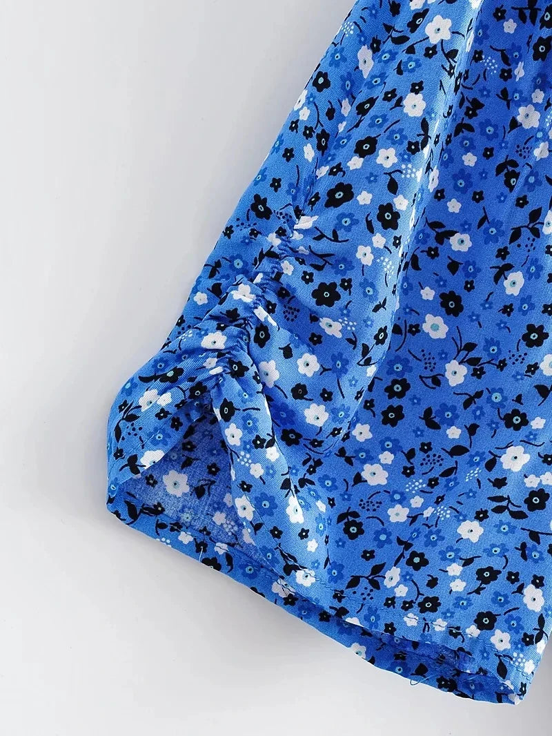 Foridol Blue Floral Print Summer Beach Dress Women Casual Holiday Short Sleeve Dress Boho Sundress Vestidos Fashion Clothes
