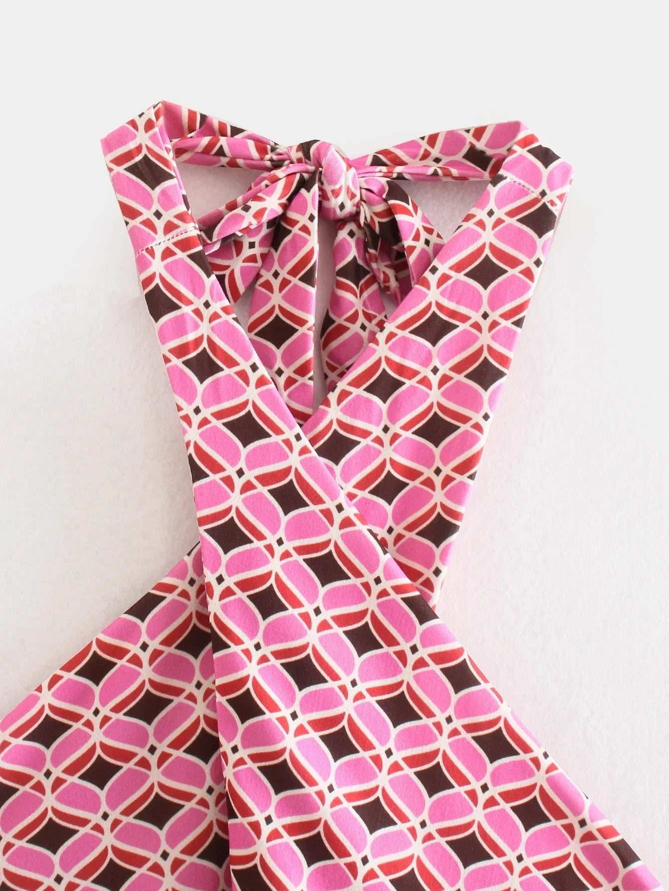 Foridol Geometric Print Summer summer Backless Jumpsuit Sleeveless Halter Wide Leg Pink Pants Overalls Front Cut Retro Jumpsuit