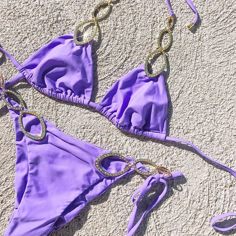 Sexy Halter Diamond Bikini Women Swimsuit Female Metal Chains Swimwear Two Pieces Bikini set Brazilian Bather Bathing Suit Swim