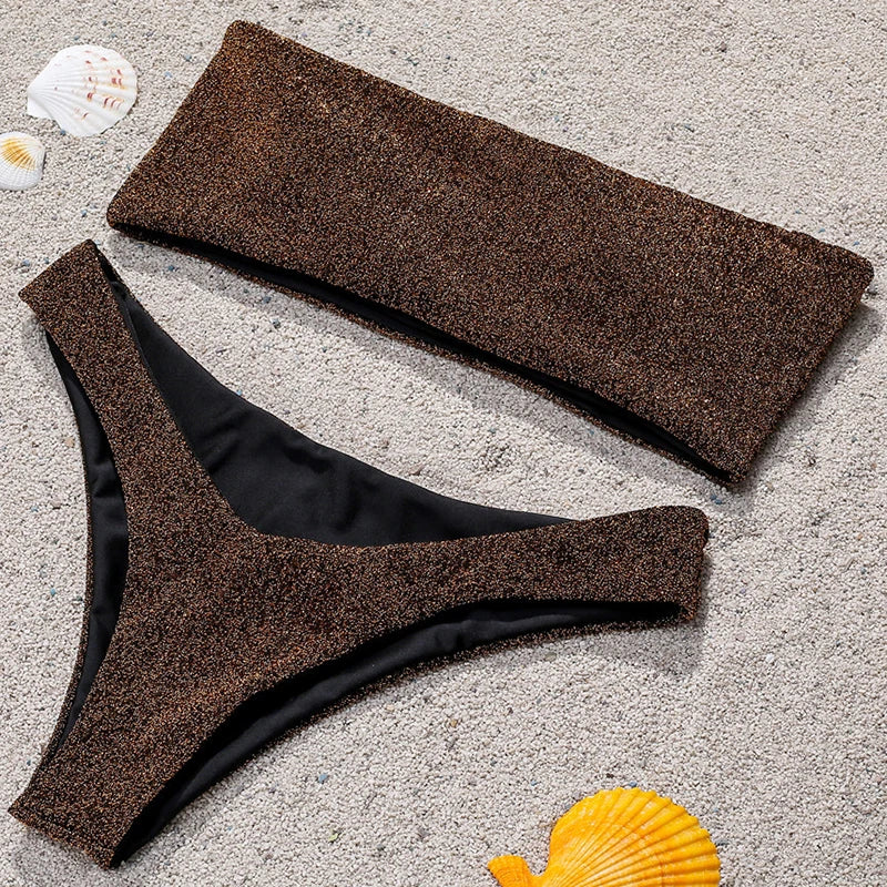2025 Shiny Sparkling High Waist Bikini Women Bandeau Swimsuit Female Swimwear Two Pieces Bikini set High cut Bathing Suit Swim