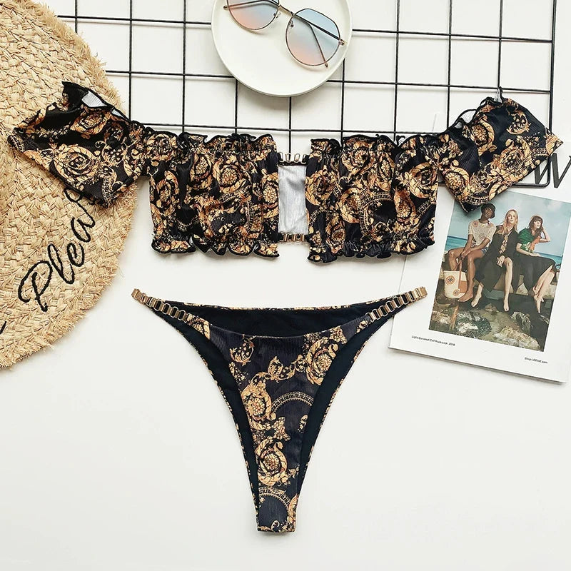Cherry Print Off Shoulder Bikini 2025 High Cut Swimsuit Women Female Brazilian Swimwear Two pieces Bikini set Bathing Suit Swim