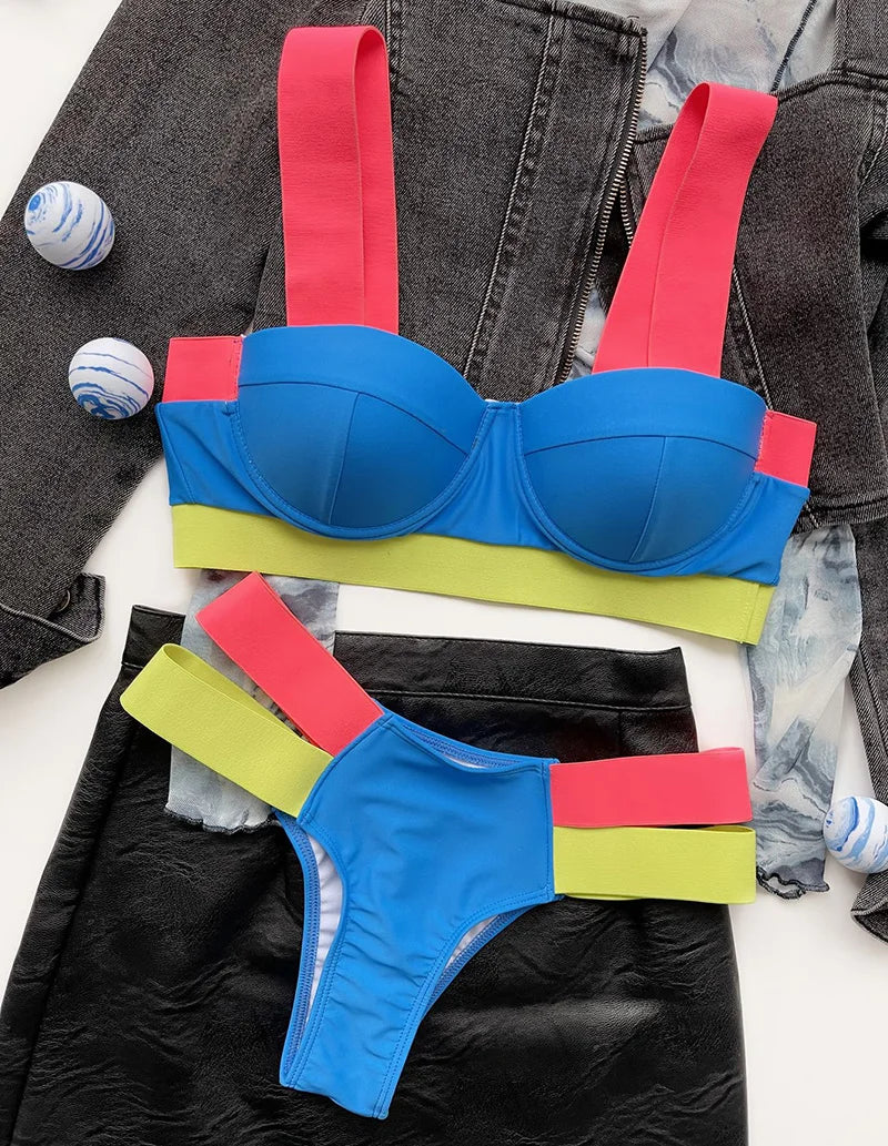 Splicing Push Up Bra Cup Bikini Women Swimsuit Female Swimwear Two-pieces Bikini Set High Cut Bathing Suit Swim Beach Wear