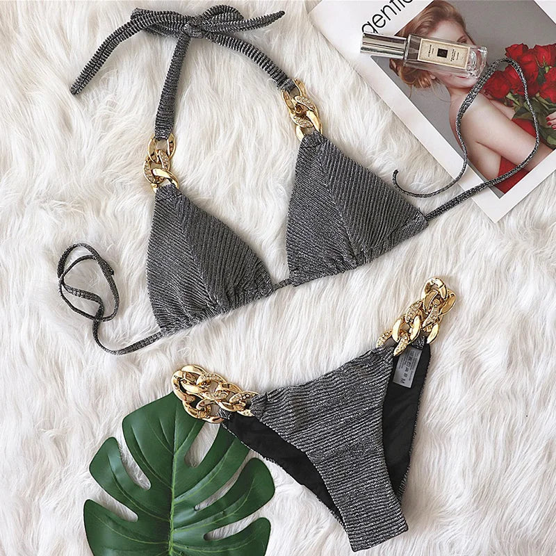 Halter Chains Rhinestone Diamond Bikini Women Swimsuit Female Ribbed Swimwear Two Pieces Bikini set Brazilian Bathing Suit Swim
