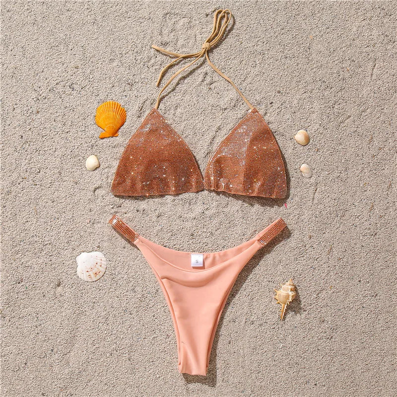 Shiny Sequins Diamond Micro Bikini 2025 Women Swimsuit Female Halter Swimwear Two Pieces Bikini Set Brazilian Bathing Suit Swim