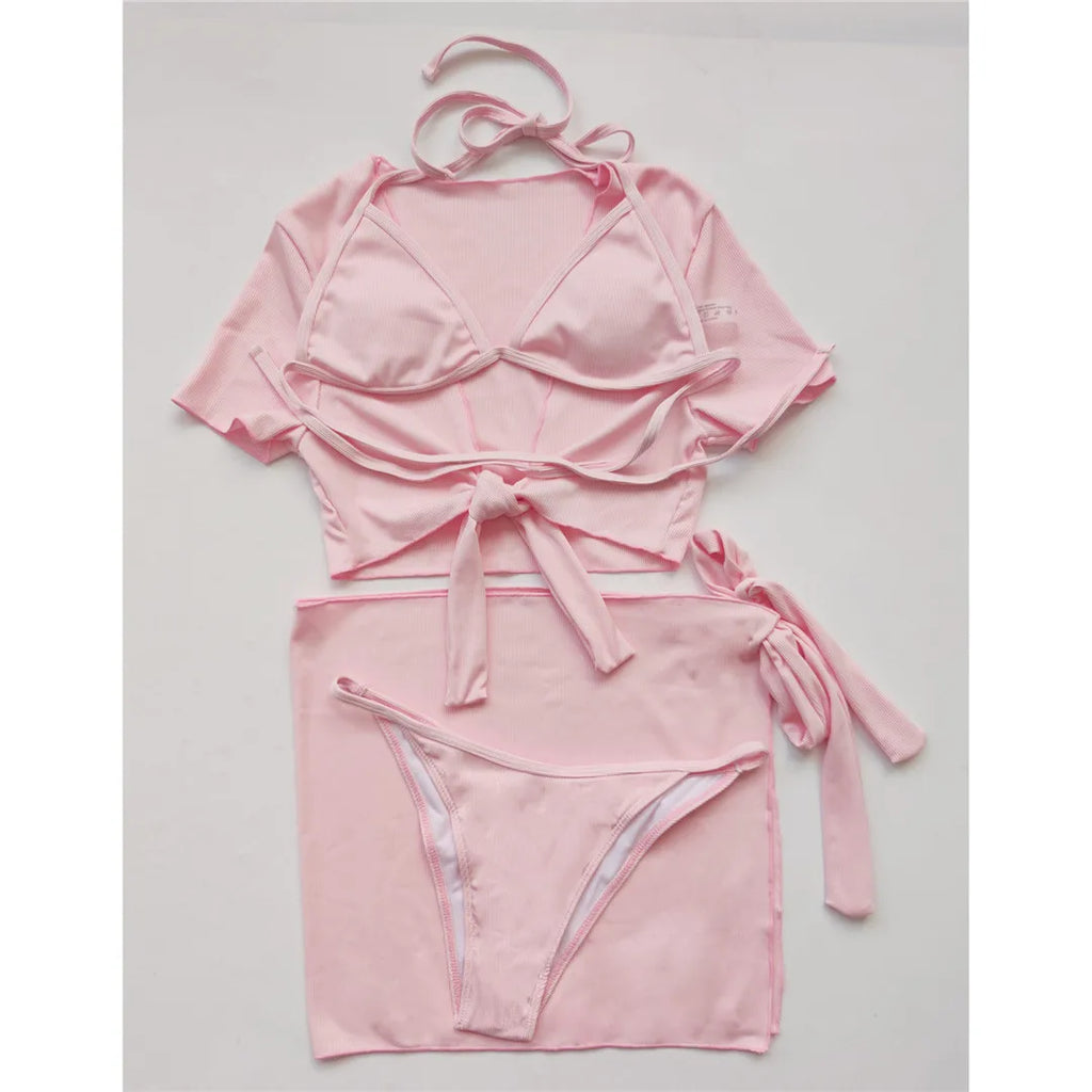 XS - L Ribbed Halter Bikini Women Swimwear Female Swimsuit Four-pieces Bikini set With Sarong Bather Bathing Suit Swim V3152B