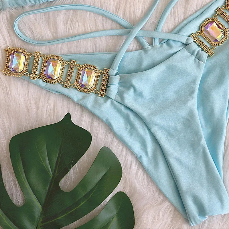 Sexy Halter Crystal Diamond Bikini 2025 Female Swimsuit Women Brazilian Swimwear Two piece Bikini set Triangle Bathing Suit Swim