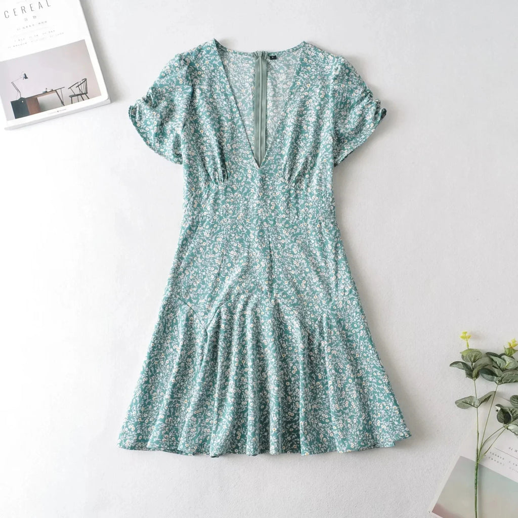 Foridol Blue Floral Print Summer Beach Dress Women Casual Holiday Short Sleeve Dress Boho Sundress Vestidos Fashion Clothes