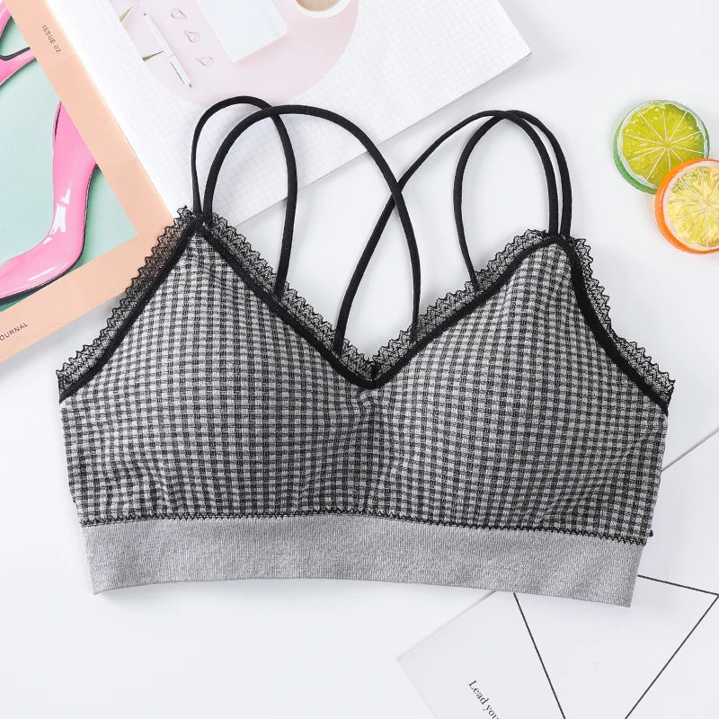 Gingham Lace Cross-Back Bralette Wireless Wrap Bra Sexy Lingerie Stretchy Beauty Cross Back Underwear Plaid Lace Trim Tube Bra