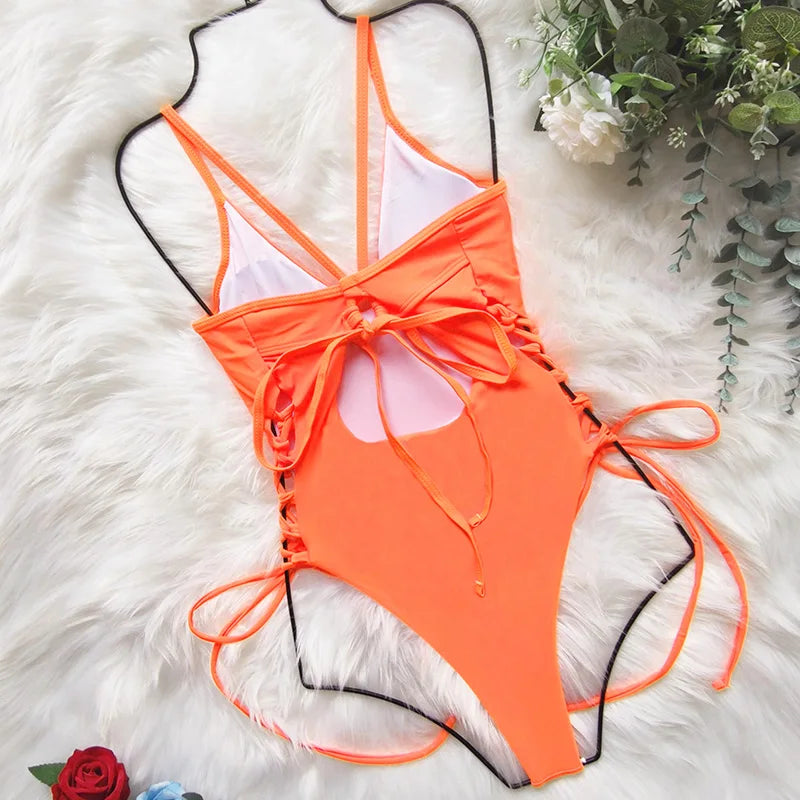 Splicing High Cut Out One Piece Swimsuit Women Tassel Swimwear Female Sexy Bathing Suit String Leopard Bikini 2025 Monokini Lady