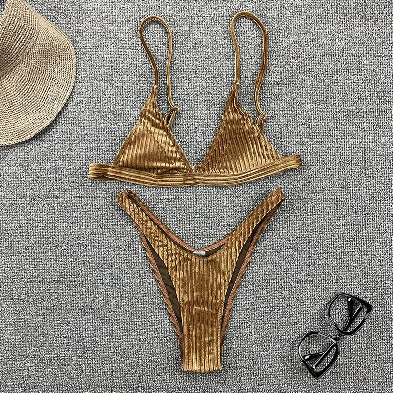 Ribbed Metallic Velvet Bikini Women Swimsuit Female Thong Swimwear Two Pieces Bikini Set High Cut Bathing Suit Swim Beachwear