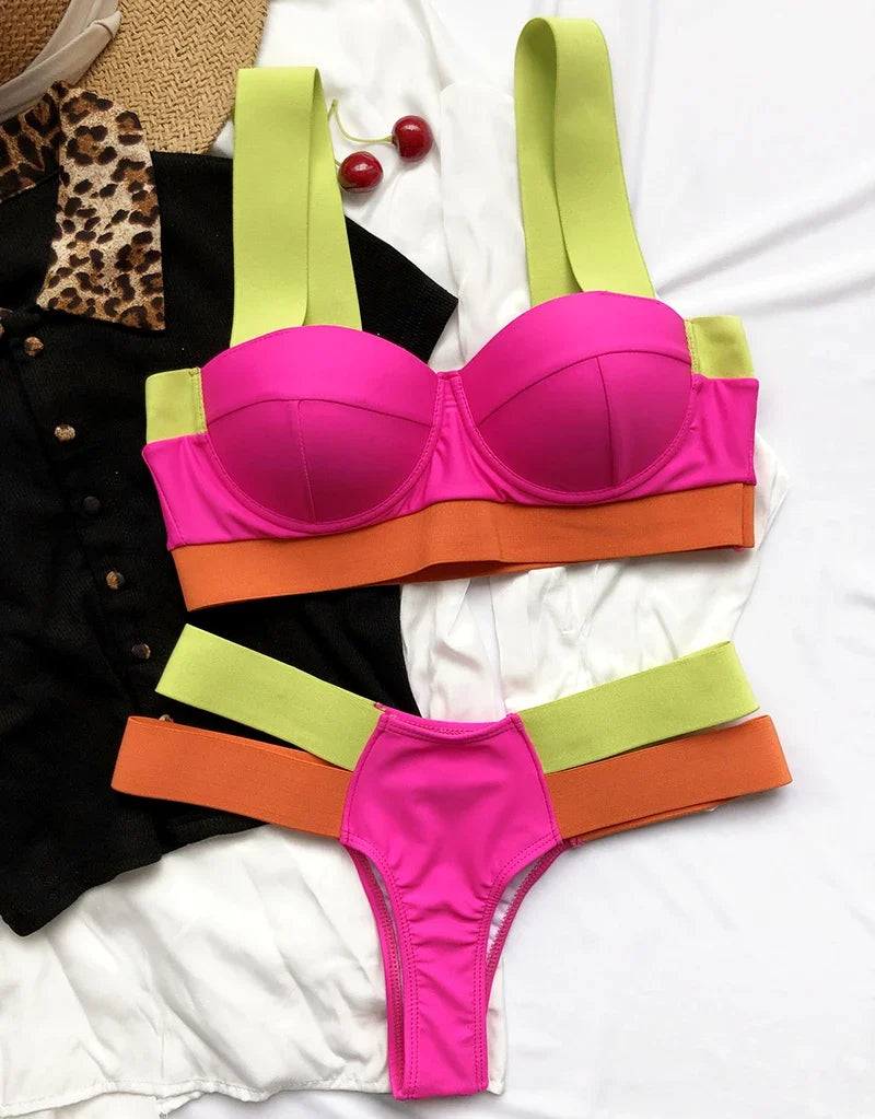 Splicing Push Up Bra Cup Bikini Women Swimsuit Female Swimwear Two-pieces Bikini Set High Cut Bathing Suit Swim Beach Wear