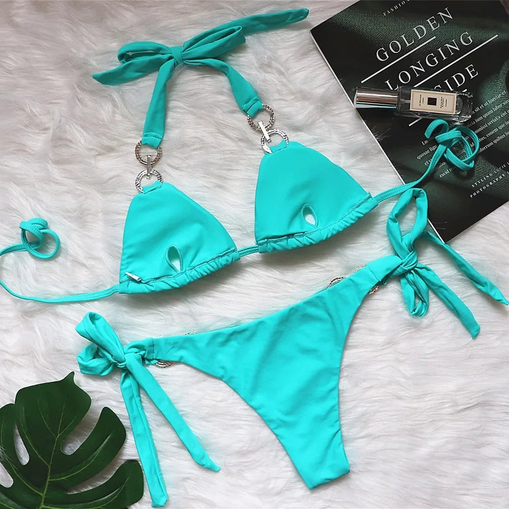 Luxury Rhinestones Bikin 2026 New Women Solid Red Blue Bandage Cross Diamond Thong Swinsuit Beach Bathing Suit Swimwear Biquini