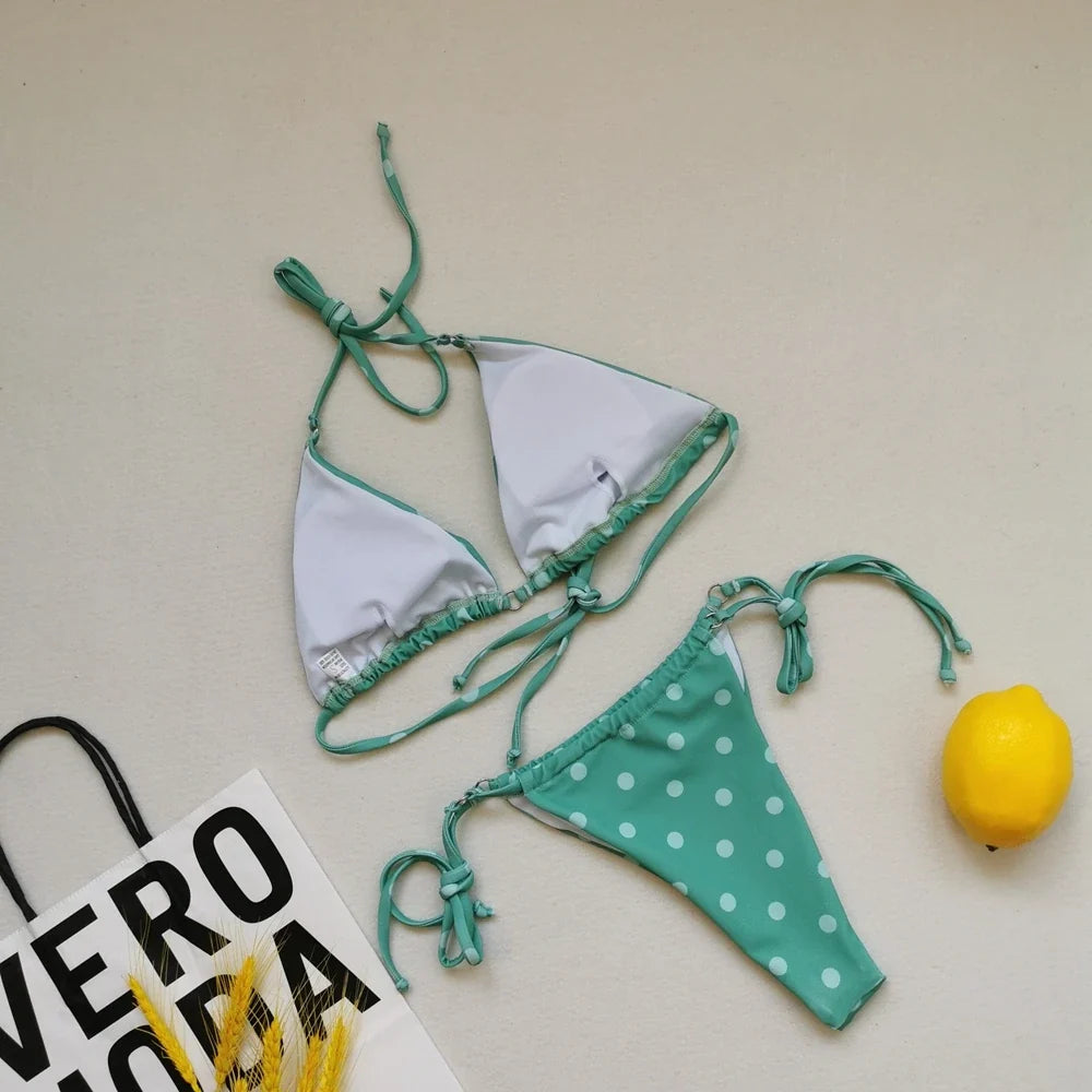2025 Polka Dot Mini Micro String Bikini Women Swimsuit Female Bikinis Brazilian Swimwear Two Pieces Bikini Set Bathing Suit Swim