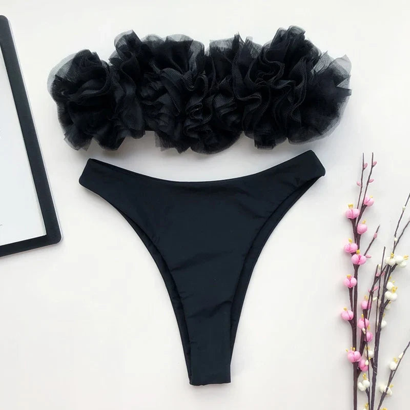 2025 New Sexy 3D Flower Mesh Ruffled Swimsuit High Waist bikini Women Bandeau Swimwear Female Two Pieces Bikini set Bathing Suit