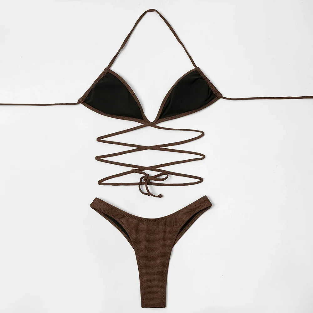ZTVitality Solid Ribbed Bandage Wrap Around Bikini 2025 New Halter Padded Bra  High Leg Sexy Swimsuit Beach Wear Swimwear Women