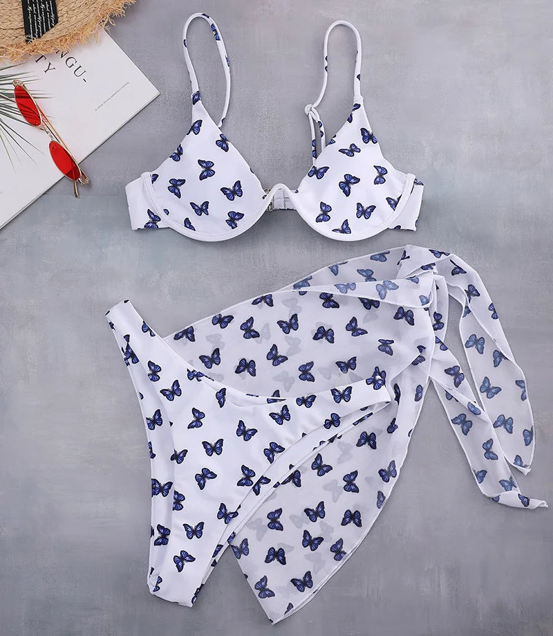 Marble Print V-Bar Underwired Bikini Women Swimsuit Female Swimwear Three-pieces Bikini Set Push Up Bathing Suit Beach Sarong