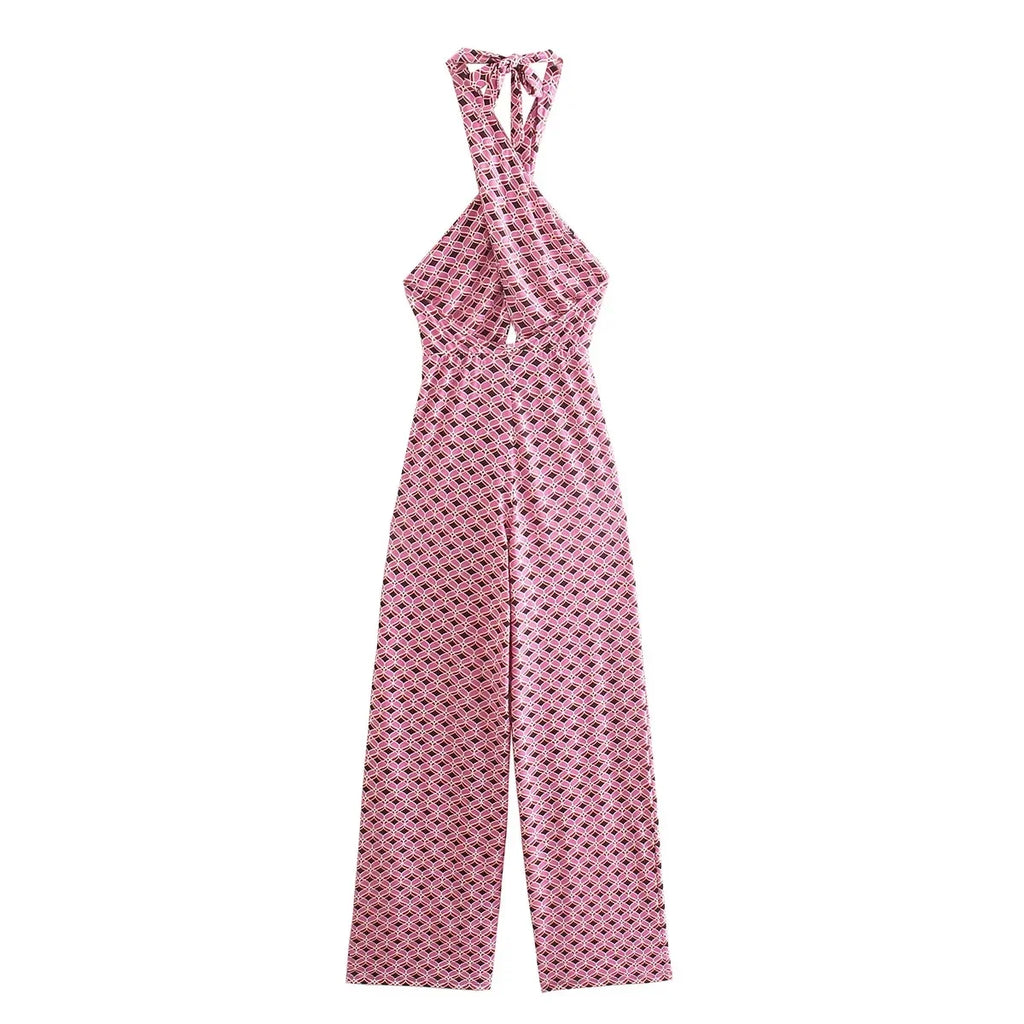 Foridol Geometric Print Summer summer Backless Jumpsuit Sleeveless Halter Wide Leg Pink Pants Overalls Front Cut Retro Jumpsuit