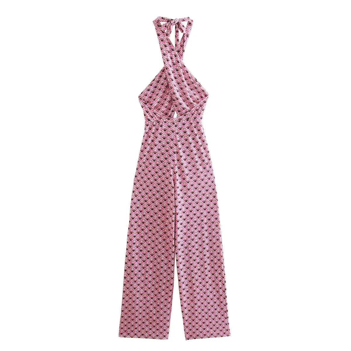 Foridol Geometric Print Summer summer Backless Jumpsuit Sleeveless Halter Wide Leg Pink Pants Overalls Front Cut Retro Jumpsuit