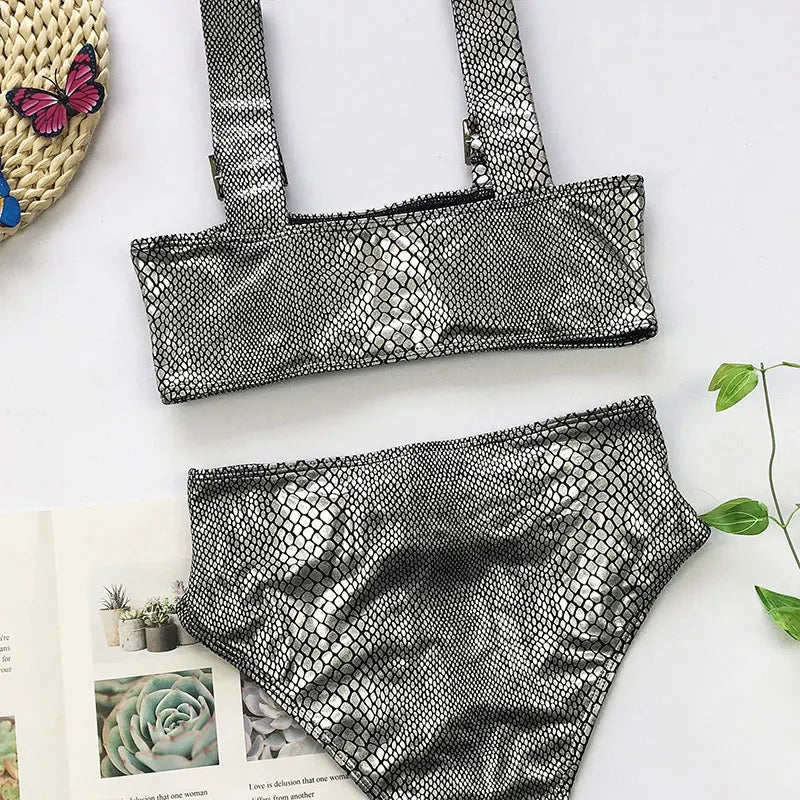 2026 Snake Printed Bandeau Bikini High Waist Swimsuit Women Vintage Swimwear Female Waist Belt Bikini Set Push Up Bathing Suit