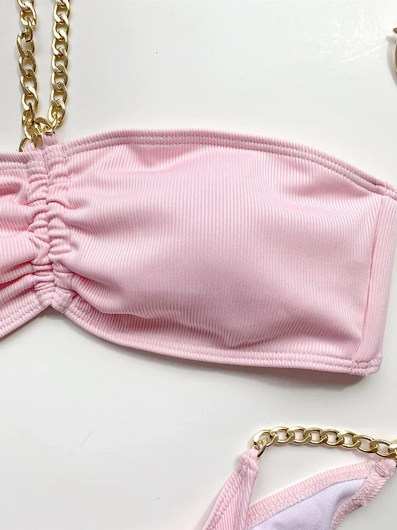 New Halter Ribbed Brazilian Bikini Female Swimsuit Women Swimwear Two pieces Bikini set Metal Chains Bather Bathing Suit Swim