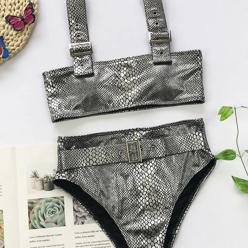 2026 Snake Printed Bandeau Bikini High Waist Swimsuit Women Vintage Swimwear Female Waist Belt Bikini Set Push Up Bathing Suit