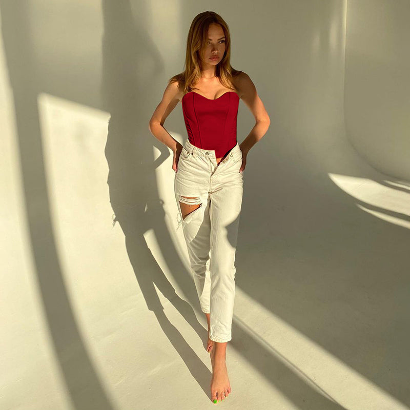 Women’s Sexy Exposed Navel Tube Tops Fashion Solid Color Off-the-shoulder Pullover Strapless Tops Wrap Tops