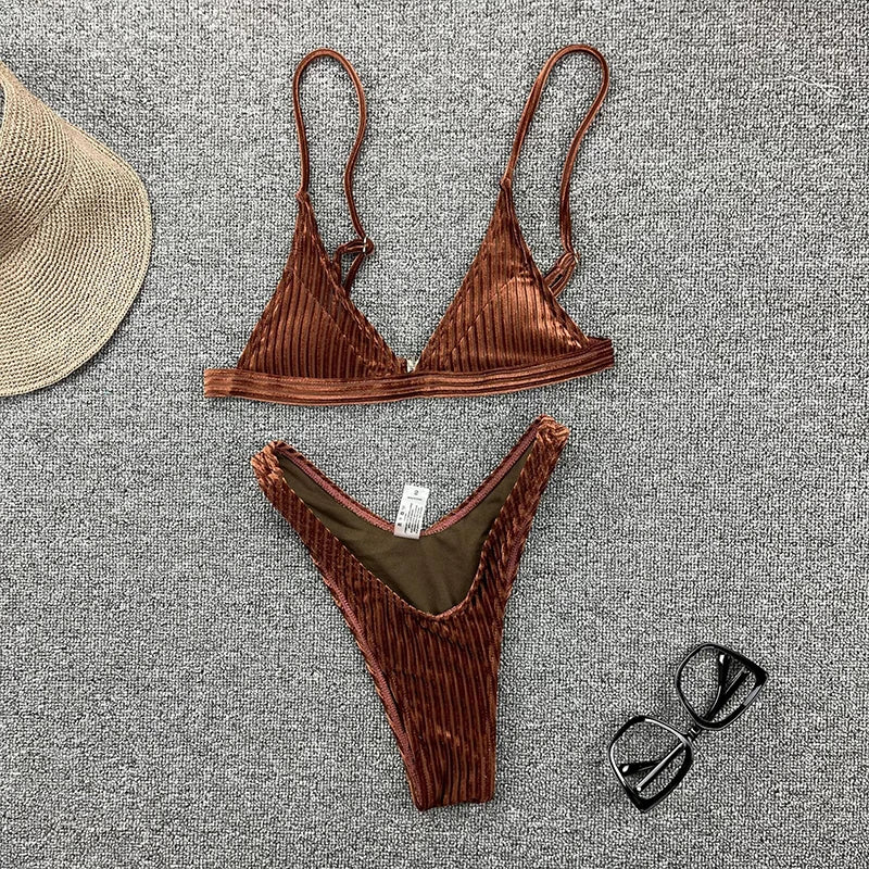 Ribbed Metallic Velvet Bikini Women Swimsuit Female Thong Swimwear Two Pieces Bikini Set High Cut Bathing Suit Swim Beachwear