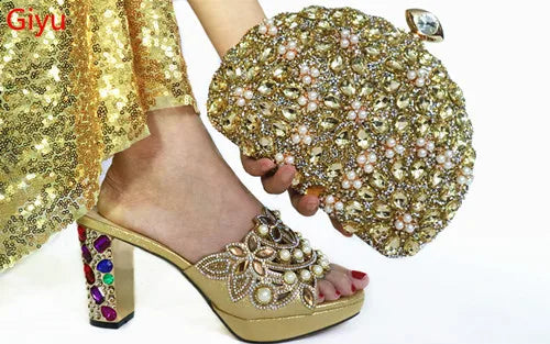 doershow High Quality African fashion Style Ladies Shoes And Bags Set Latest SILVER Italian Shoes And Bag Set For Party HJJ1-10