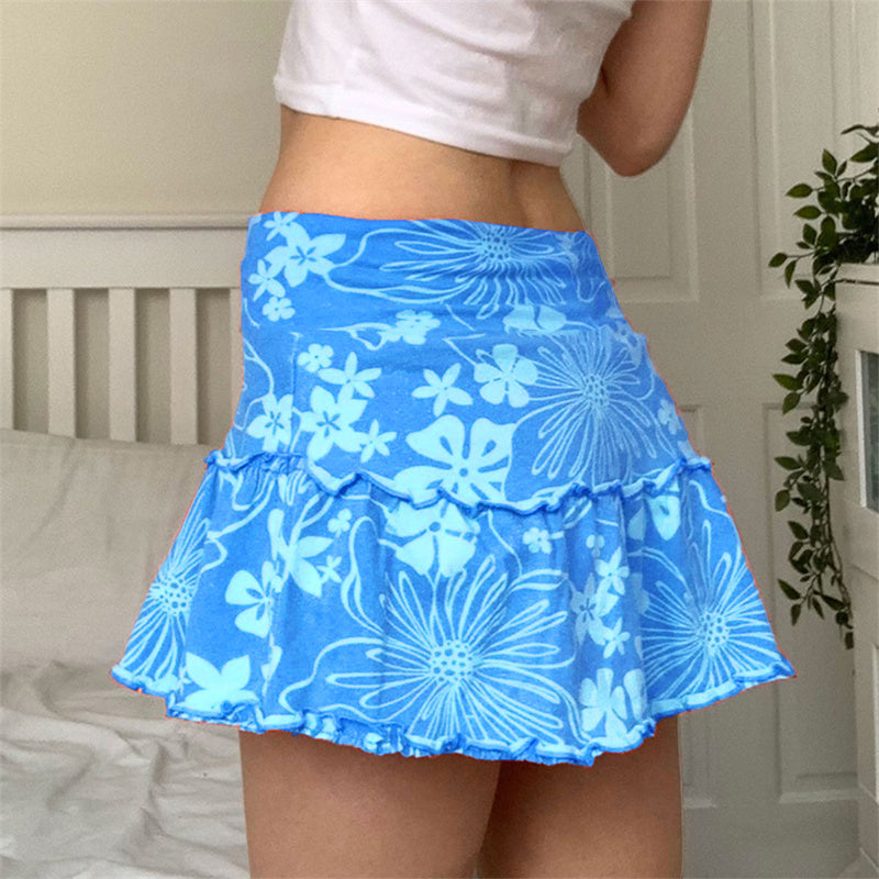 Women's Summer Ruffles A-Line Mini Skirt Y2K Style High Waist Floral Print Frill Trim Above Knee Short Skirt Blue/Pink/Purple