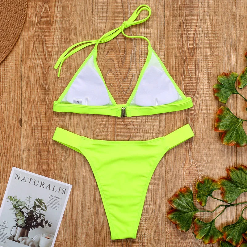 Halter Neon Green Brazilian Thong Bikini 2026 Female Swimsuit Women Swimwear Two Pieces Bikini Set High Cut Bathing Suit Swim