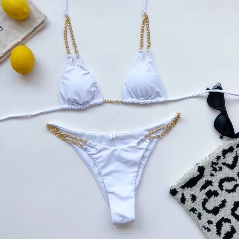 Sexy Halter Metal Chains Brazilian Bikini 2025 Women Swimsuit Female Swimwear Two Pieces Bikini Set Bathing Suit Swim Beach Wear