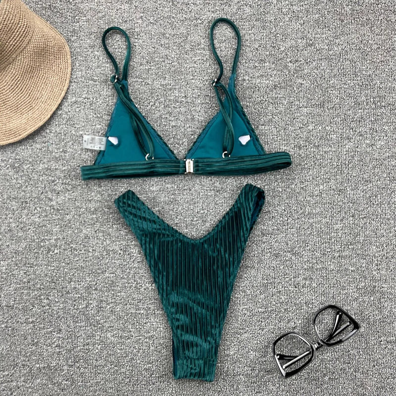 Ribbed Metallic Velvet Bikini Women Swimsuit Female Thong Swimwear Two Pieces Bikini Set High Cut Bathing Suit Swim Beachwear
