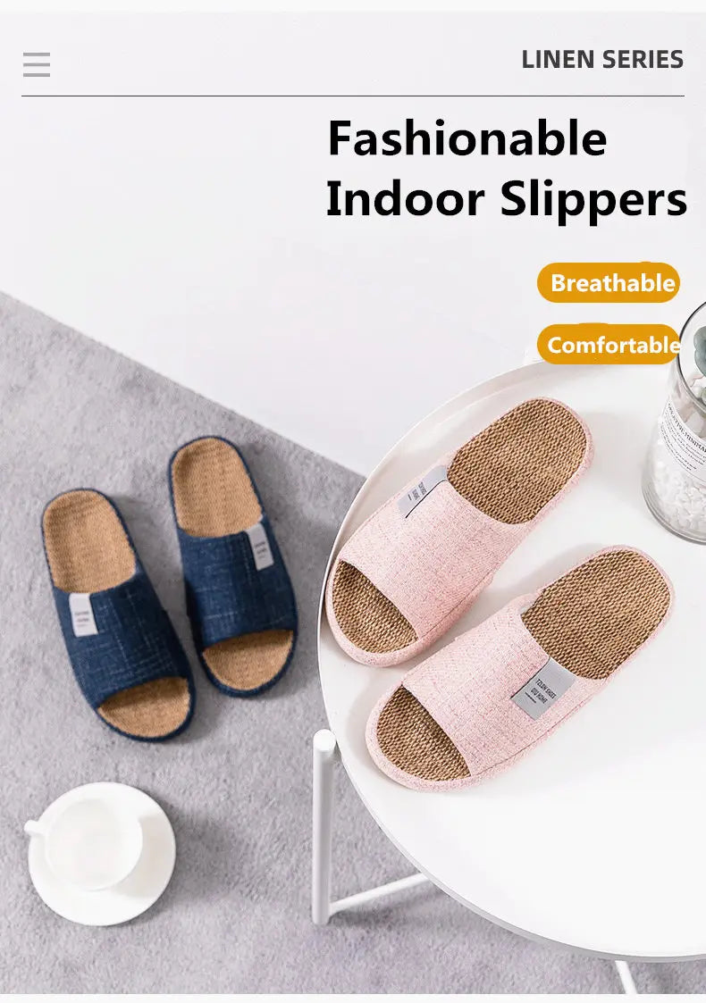 Breathable Flax Slippers Women Men Indoor Mute Slipper Anti-slip Lovers House Floor Shoes Soft  Ladies Summer Home Slides