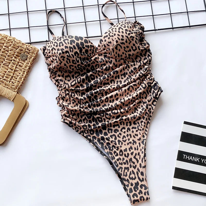 Push Up Bra Cup Leopard Scrunched Women Bandeau Swimwear One Piece Swimsuit Female Monokini High Cut Bathing Suit Swim Bodysuit