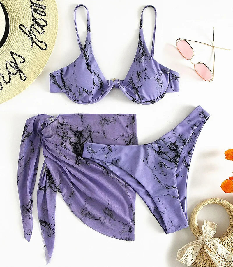 Marble Print V-Bar Underwired Bikini Women Swimsuit Female Swimwear Three-pieces Bikini Set Push Up Bathing Suit Beach Sarong