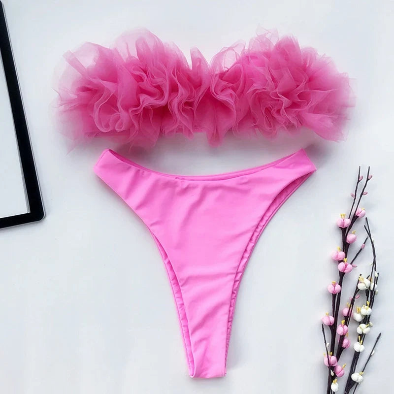 2025 New Sexy 3D Flower Mesh Ruffled Swimsuit High Waist bikini Women Bandeau Swimwear Female Two Pieces Bikini set Bathing Suit