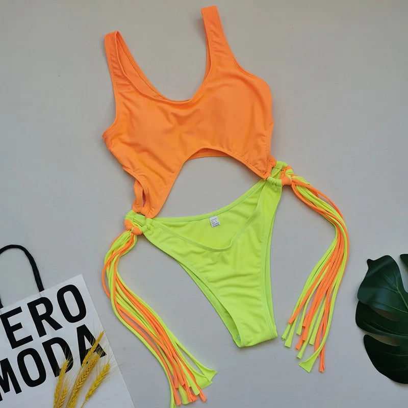Splicing High Cut Out One Piece Swimsuit Women Tassel Swimwear Female Sexy Bathing Suit String Leopard Bikini 2025 Monokini Lady