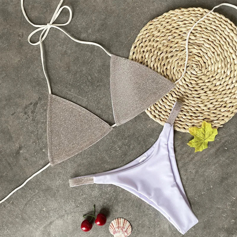 Shiny Sequins Diamond Micro Bikini 2025 Women Swimsuit Female Halter Swimwear Two Pieces Bikini Set Brazilian Bathing Suit Swim