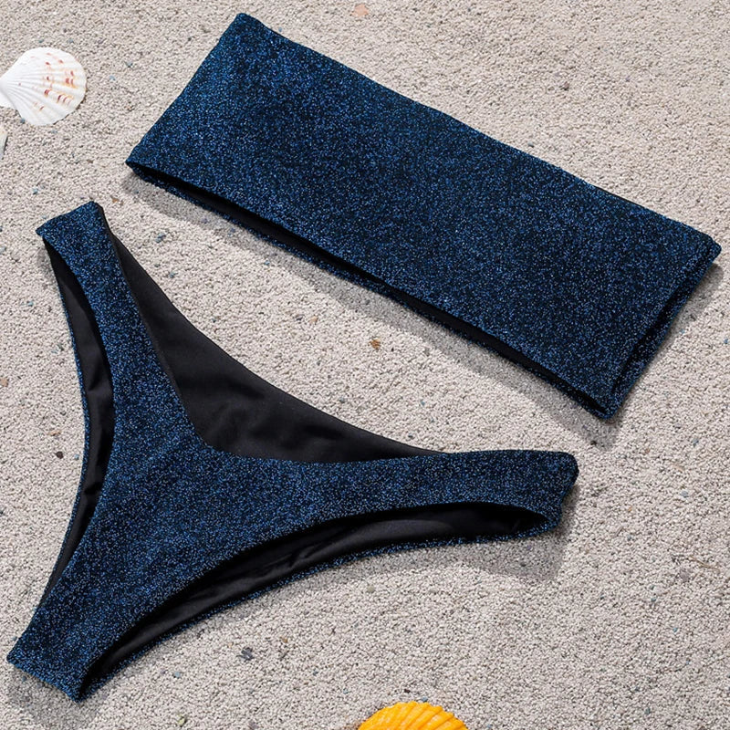 2025 Shiny Sparkling High Waist Bikini Women Bandeau Swimsuit Female Swimwear Two Pieces Bikini set High cut Bathing Suit Swim