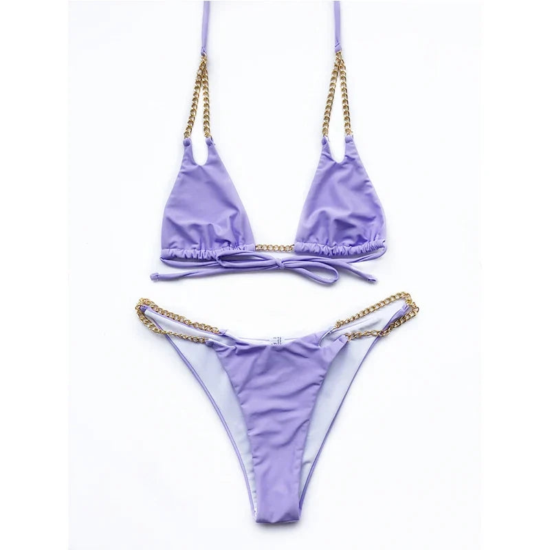 Sexy Halter Metal Chains Brazilian Bikini 2025 Women Swimsuit Female Swimwear Two Pieces Bikini Set Bathing Suit Swim Beach Wear
